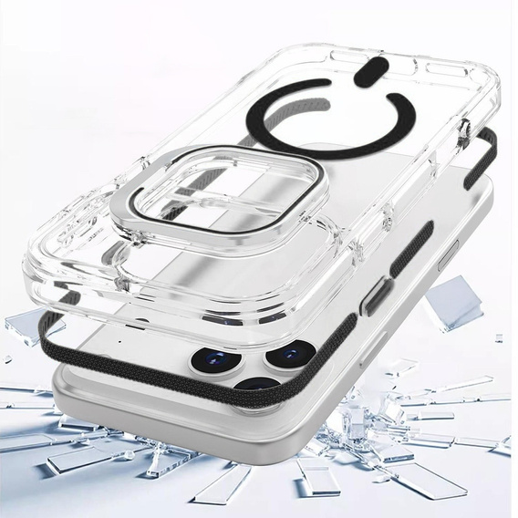 Puzdro pre iPhone 17 Pro, pre MagSafe, so stojanom, priehľadné s čiernymi vložkami