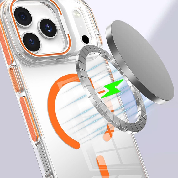 Puzdro pre iPhone 17 Pro Max, pre MagSafe, so stojanom, priehľadné s oranžovými vložkami