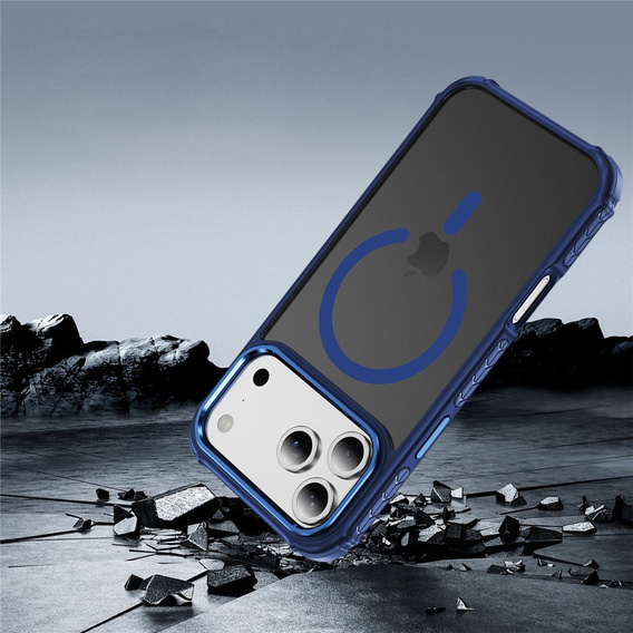 Matné puzdro pre iPhone 17 Pro, pancierované, pre MagSafe, dymové s modrými bokmi