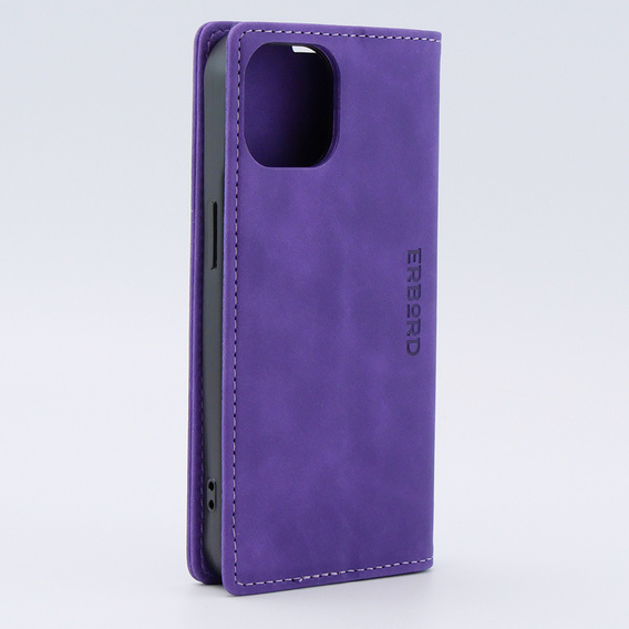 Puzdro pre iPhone 15, ERBORD Vintage, peňaženka s chlopňou, fialové