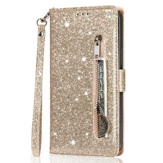 Klapkové puzdro pre Samsung Galaxy A36 5G, Wallet Zipper Pocket Glittery, zlaté