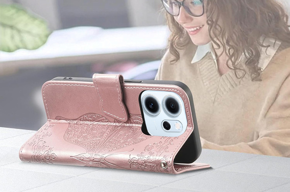 Klapkové puzdro pre Oppo Reno 14F, peňaženka, Butterfly, ružové zlato