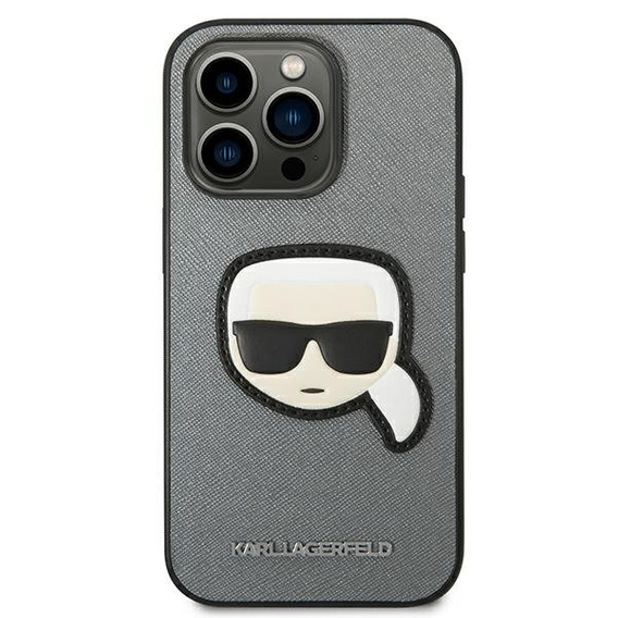 Karl Lagerfeld Obal na mobil pre iPhone 14 Pro, Saffiano Karl's Head Patch, strieborné
