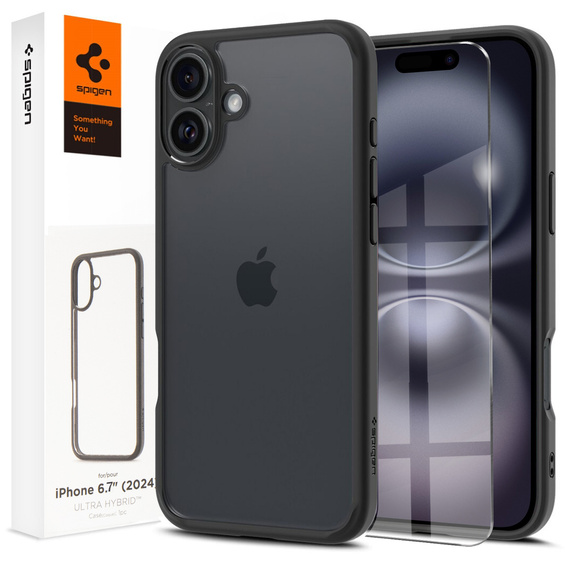 Puzdro Spigen pre iPhone 16 Plus, Ultra Hybrid, čierne + tvrdené sklo 9H