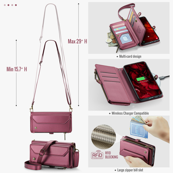 Puzdro CASEME pre Samsung Galaxy S25 FE, RFID Leather Wallet, s popruhom cez rameno, červené