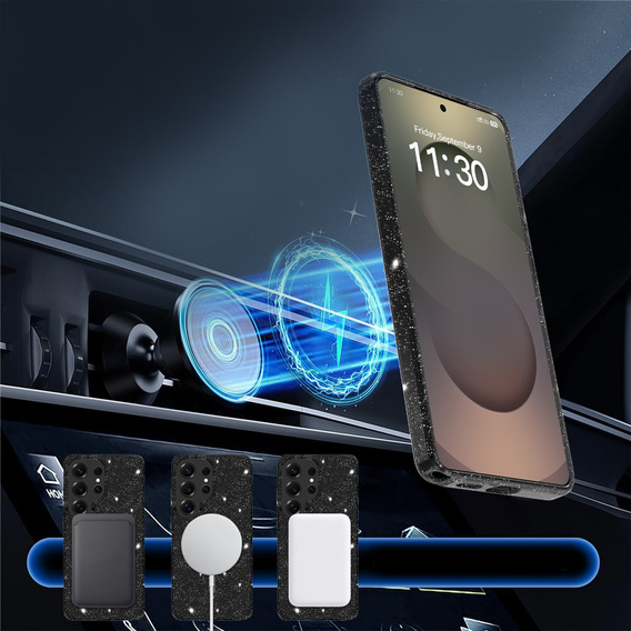 Třpytivé pouzdro, pro MagSafe pro Samsung Galaxy S26 Ultra, průhledné/černé