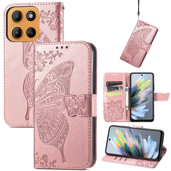 Klapkové puzdro pre Motorola Moto G15 / Motorola Moto G15 Power, Butterfly, ružové rose gold