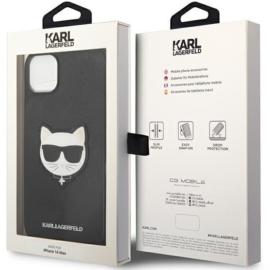 Karl Lagerfeld Obal na mobil pre iPhone 14 Plus, Saffiano Choupette Head Patch, čierne