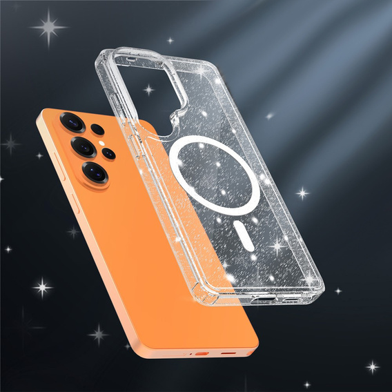 Tvrdené puzdro s trblietkami, pre MagSafe pre Samsung Galaxy S26 Ultra, priehľadné