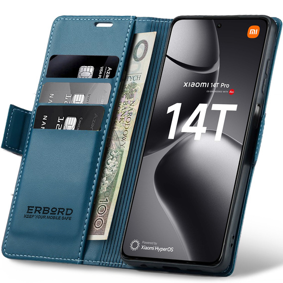 Puzdro pre Xiaomi 14T Pro, ERBORD Glossy Litchi, flipová peňaženka, modré