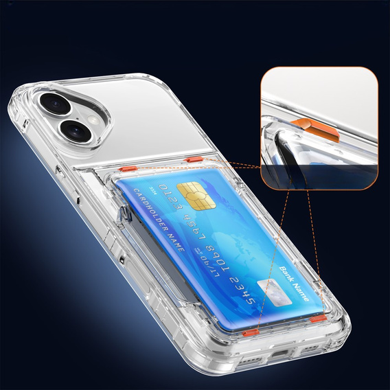 Puzdro pre iPhone 16 Plus, Card Holder Kickstand, transparentné 