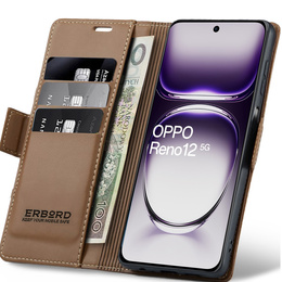 Puzdro pre Oppo Reno 12, ERBORD Glossy Litchi, flipová peňaženka, hnedé