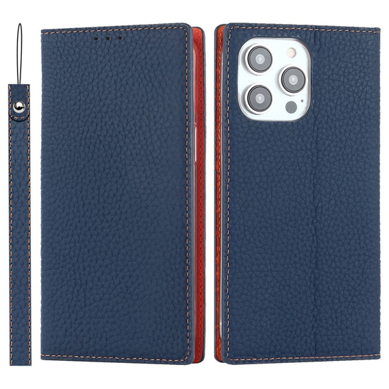 Klapkové puzdro pre iPhone 14 Pro, Litchi Skin Grain, tmavomodré