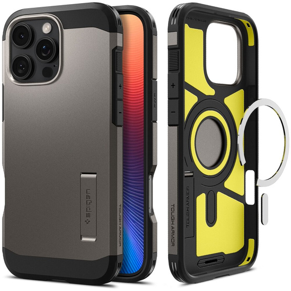 Puzdro Spigen pre iPhone 16 Pro Max, Tough Armor Mag MagSafe, sivé + tvrdené sklo 9H
