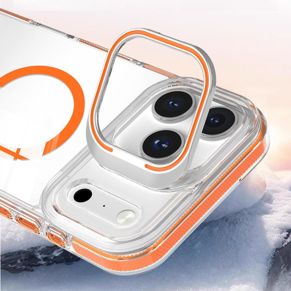 Puzdro pre iPhone 17 Pro, pre MagSafe, so stojanom, priehľadné s oranžovými vložkami