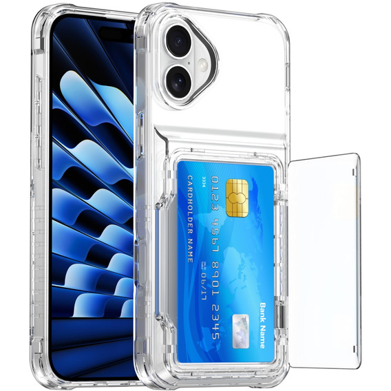 Puzdro pre iPhone 16, Card Holder Kickstand, transparentné 