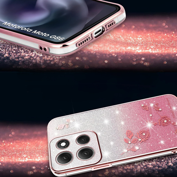 Puzdro pre Motorola Moto G86 5G, Glitter Flower, ružové rose gold