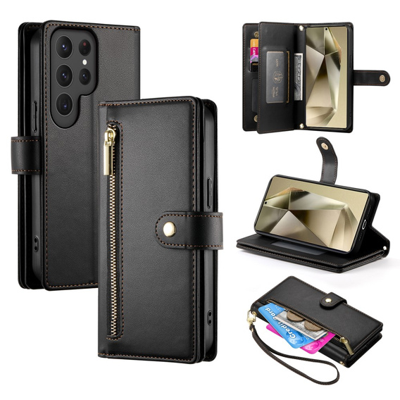 Klapkové puzdro pre Samsung Galaxy S25 Ultra, Wallet Zipper Pocket, čierne