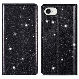 Flipové puzdro na iPhone 16E, Card Slot Glittery, čierne
