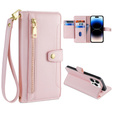 Klapkové puzdro pre iPhone 14 Pro Max, Wallet Zipper Pocket, ružové
