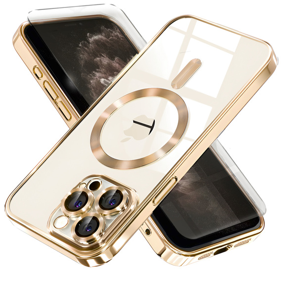 Puzdro pre iPhone 11 Pro, Electro MagSafe, zlaté + sklo na displej