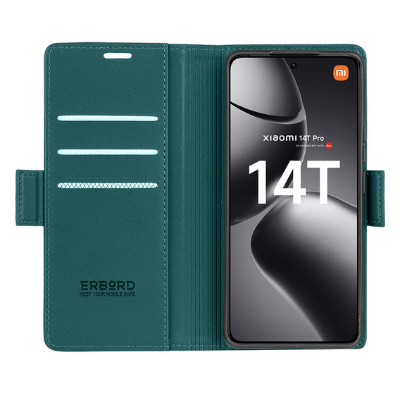 Puzdro pre Xiaomi 14T Pro, ERBORD Glossy Litchi, flipová peňaženka, zelený