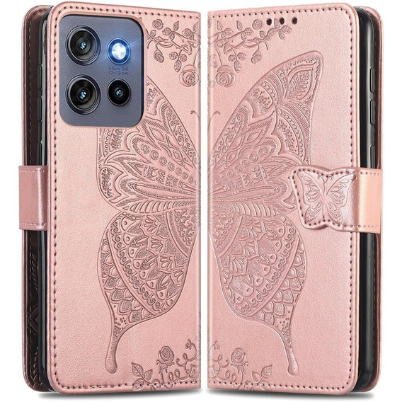 Klapkové puzdro pre Motorola Edge 50 Neo / Motorola ThinkPhone 25, Butterfly, ružové rose gold
