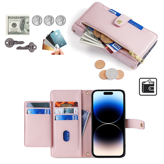 Klapkové puzdro pre iPhone 14 Pro Max, Wallet Zipper Pocket, ružové