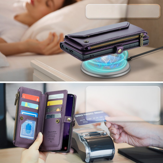 Puzdro CASEME pre Samsung Galaxy S24 FE, RFID Leather Wallet, s popruhom cez rameno, fialové