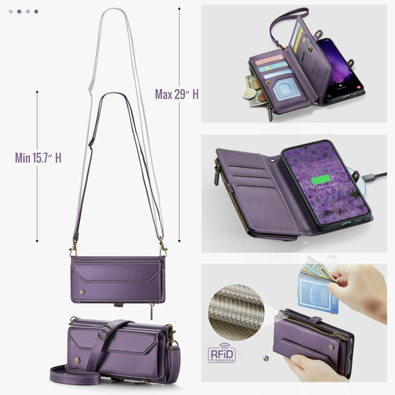 Puzdro CASEME pre Samsung Galaxy S24 FE, RFID Leather Wallet, s popruhom cez rameno, fialové