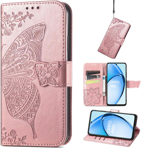 Klapkové puzdro pre Oppo A60, Butterfly, ružové rose gold
