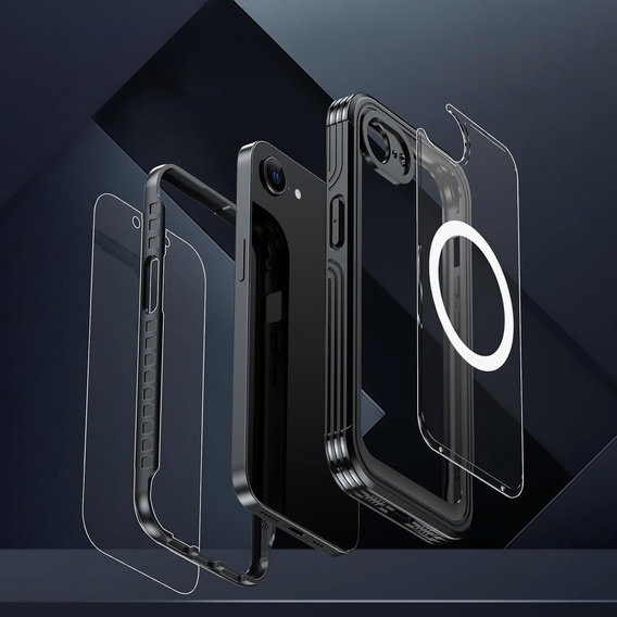 Puzdro pre iPhone 16E, Shockproof, so sklom, pre MagSafe, čierne