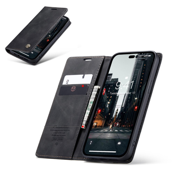 CASEME puzdro pre iPhone 14 Pro, Leather Wallet Case, čierne
