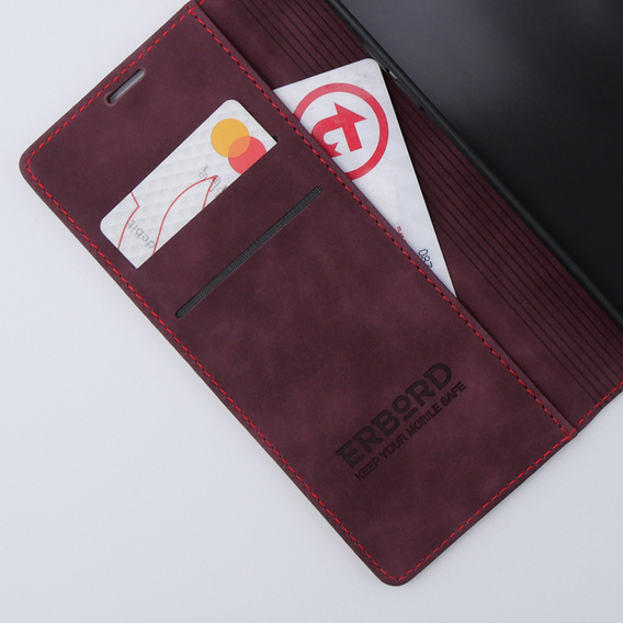 Puzdro pre iPhone 15 Pro Max, ERBORD Vintage, peňaženka s chlopňou, červené