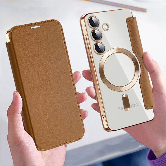 Klapkové puzdro pre Samsung Galaxy S24, RFID Wallet MagSafe CamShield, hnedé