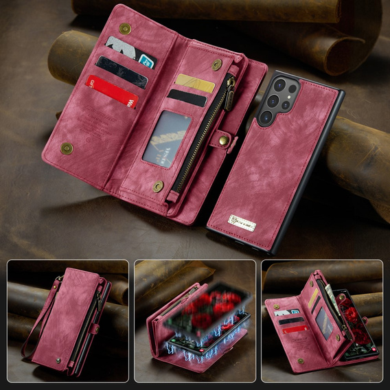 CASEME puzdro pre Samsung Galaxy S25 Ultra, Retro Leather Wallet, s remienkom, červené