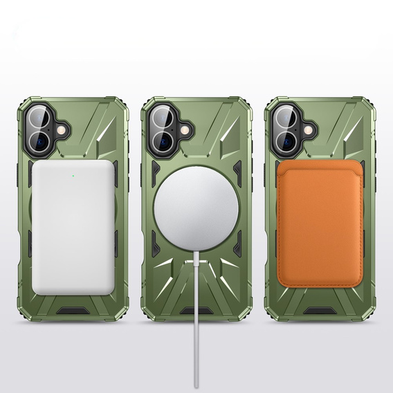 Puzdro pre iPhone 16 Plus, pancierované so stojanom a rukoväťou, zelený