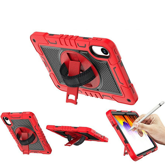 Pevné puzdro na Xiaomi Redmi Pad 2 s podstavcom a ramenným popruhom – červeno-čierne