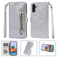 Klapkové puzdro pre Samsung Galaxy A35 5G, Wallet Zipper Pocket Glittery, strieborné