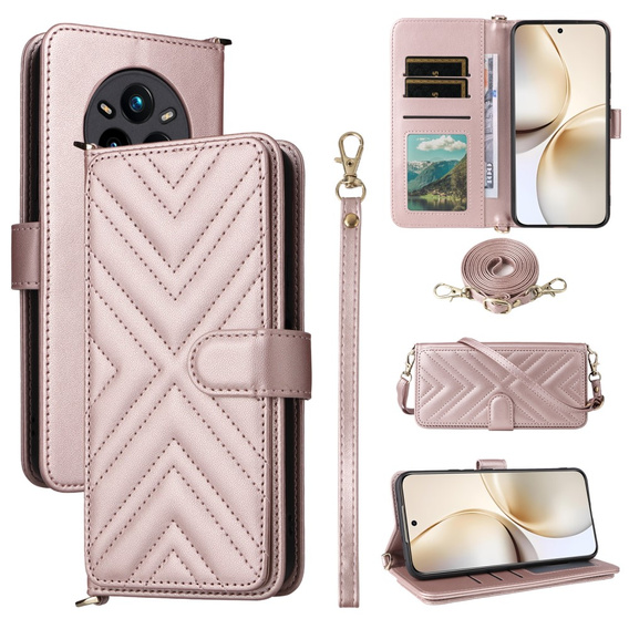 Puzdro s chlopňou pre Realme 14 Pro+ 5G, Crossbody Leather Wallet, ružové rose gold