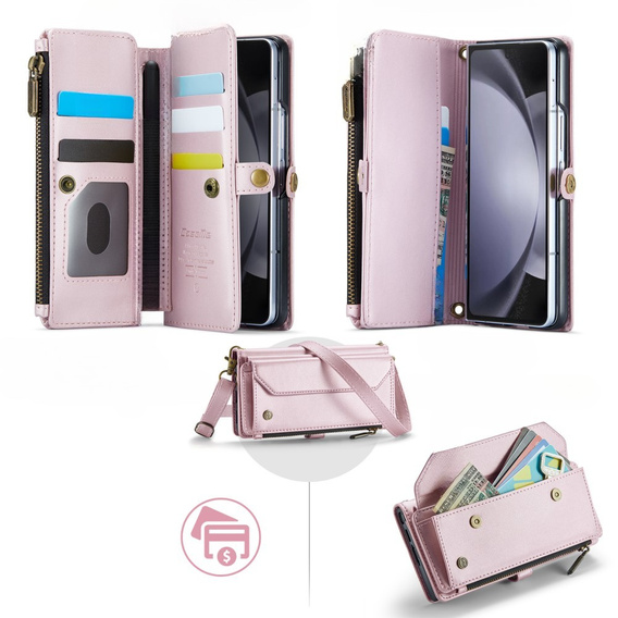 Puzdro CASEME pre Samsung Galaxy Z Fold6 5G, RFID Leather Wallet, s popruhom cez rameno, ružové