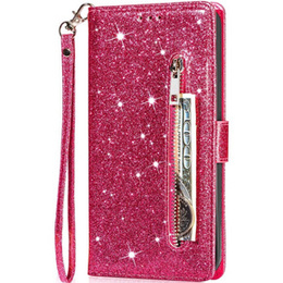 Klapkové puzdro pre Samsung Galaxy A55, Wallet Zipper Pocket Glittery, ružové