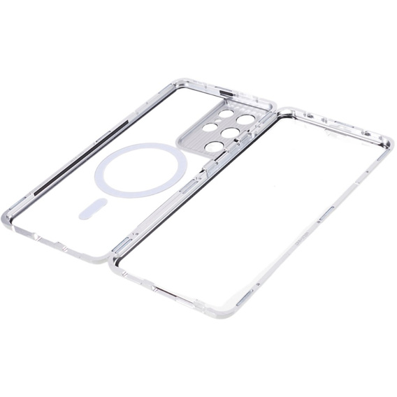 Magnetické puzdro Dual Glass MagSafe pre Samsung Galaxy S21 Ultra, strieborné