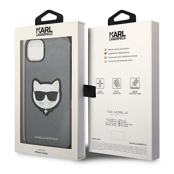 Karl Lagerfeld Obal na mobil pre iPhone 14, Saffiano Choupette Head Patch, strieborné