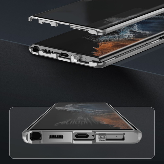 Puzdro pre Samsung Galaxy S23 Ultra, Magnetic Dual Glass, strieborné