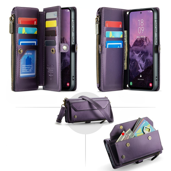 Puzdro CASEME pre Samsung Galaxy A56 5G, RFID Leather Wallet, s popruhom cez rameno, fialové