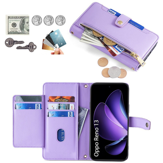Klapkové puzdro pre Oppo Reno 13, Wallet Zipper Pocket, fialové