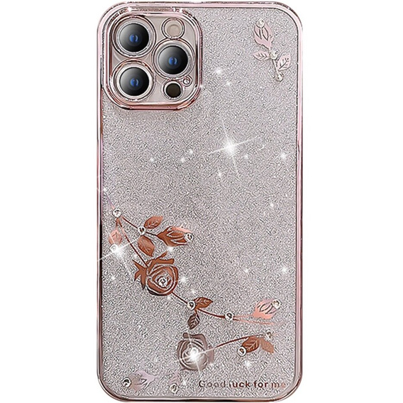 Puzdro pre iPhone 14 Pro Max, Glitter Flower, ružové rose gold