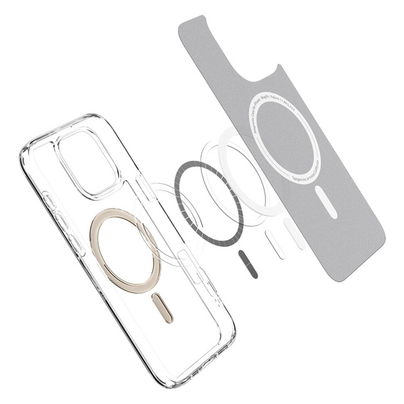 Puzdro MagSafe Spigen pre iPhone 16 Pro Max, Ultra Hybrid, priehľadné / zlaté + tvrdené sklo 9H