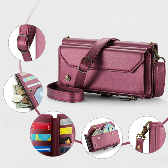 Puzdro CASEME pre Samsung Galaxy S24 FE, RFID Leather Wallet, s popruhom cez rameno, červené
